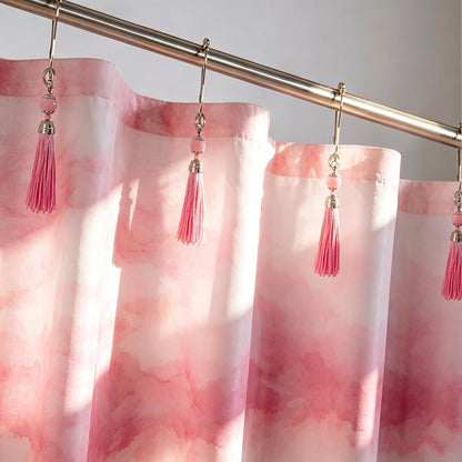 Boho Shower Curtain Hooks Set of 12 for Bathroom, Rustproof Stainless Steel Shower Curtain Rings with Pink Tassel Decorative, Curtain Hanger Clips for Home Bathroom, Bedroom, Baby Room Decor (Pink)