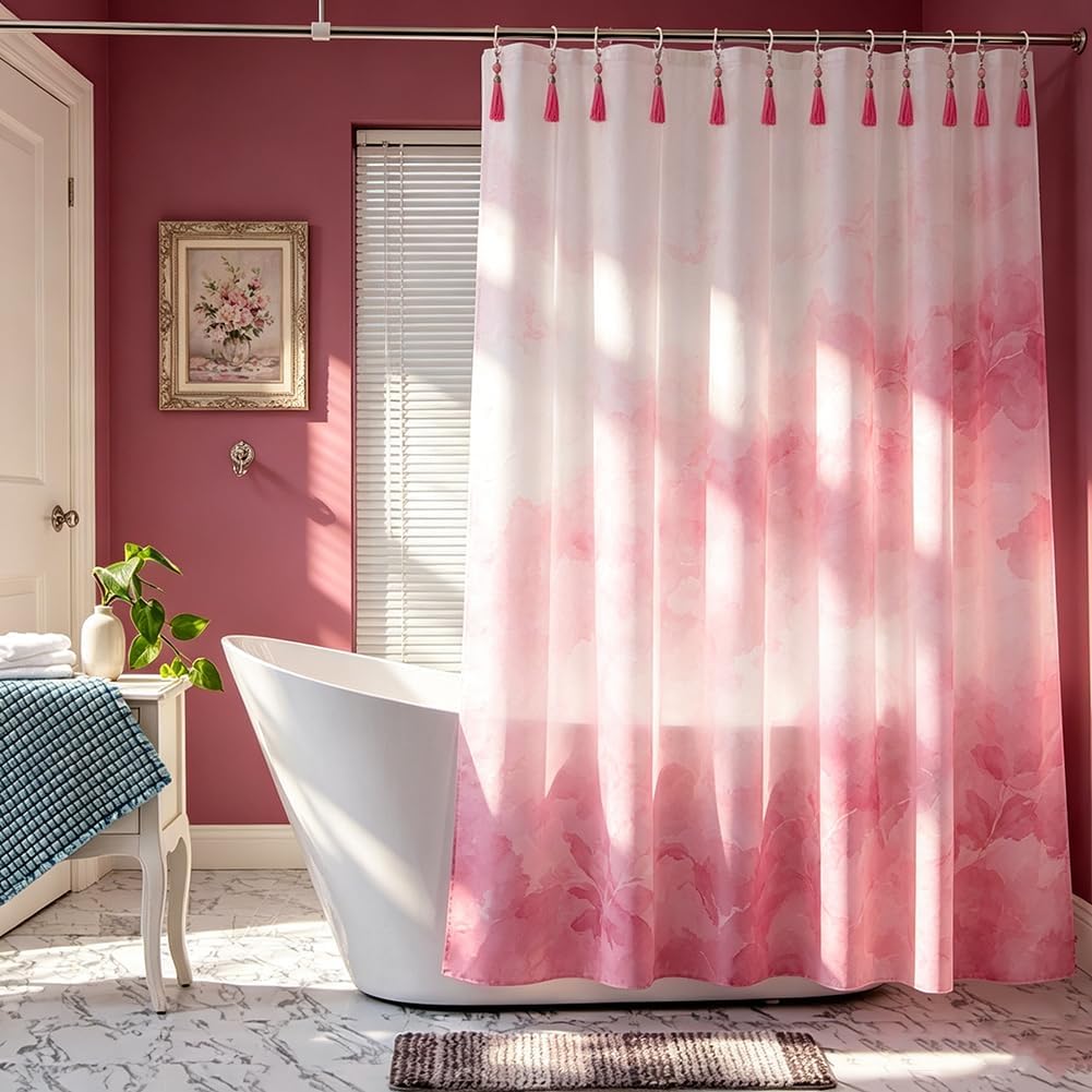 Boho Shower Curtain Hooks Set of 12 for Bathroom, Rustproof Stainless Steel Shower Curtain Rings with Pink Tassel Decorative, Curtain Hanger Clips for Home Bathroom, Bedroom, Baby Room Decor (Pink)