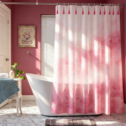 Boho Shower Curtain Hooks Set of 12 for Bathroom, Rustproof Stainless Steel Shower Curtain Rings with Pink Tassel Decorative, Curtain Hanger Clips for Home Bathroom, Bedroom, Baby Room Decor (Pink)