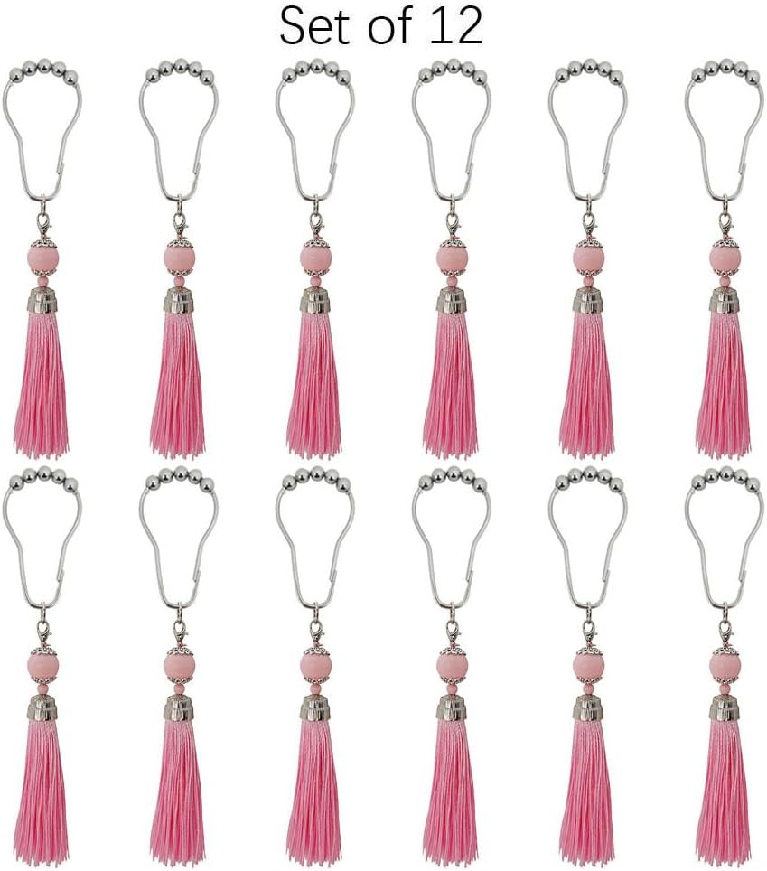 Boho Shower Curtain Hooks Set of 12 for Bathroom, Rustproof Stainless Steel Shower Curtain Rings with Pink Tassel Decorative, Curtain Hanger Clips for Home Bathroom, Bedroom, Baby Room Decor (Pink)