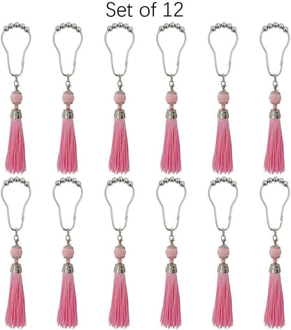 Boho Shower Curtain Hooks Set of 12 for Bathroom, Rustproof Stainless Steel Shower Curtain Rings with Pink Tassel Decorative, Curtain Hanger Clips for Home Bathroom, Bedroom, Baby Room Decor (Pink)