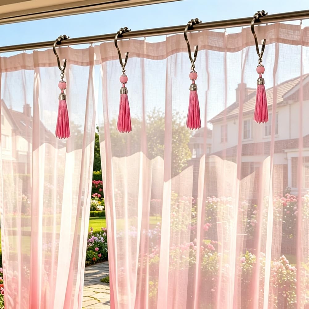 Boho Shower Curtain Hooks Set of 12 for Bathroom, Rustproof Stainless Steel Shower Curtain Rings with Pink Tassel Decorative, Curtain Hanger Clips for Home Bathroom, Bedroom, Baby Room Decor (Pink)