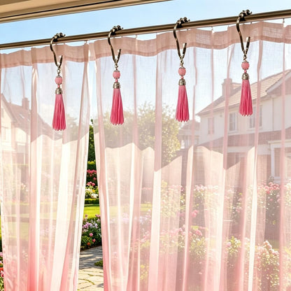 Boho Shower Curtain Hooks Set of 12 for Bathroom, Rustproof Stainless Steel Shower Curtain Rings with Pink Tassel Decorative, Curtain Hanger Clips for Home Bathroom, Bedroom, Baby Room Decor (Pink)