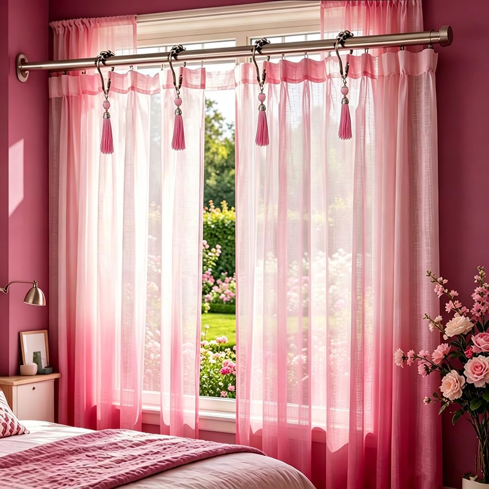 Boho Shower Curtain Hooks Set of 12 for Bathroom, Rustproof Stainless Steel Shower Curtain Rings with Pink Tassel Decorative, Curtain Hanger Clips for Home Bathroom, Bedroom, Baby Room Decor (Pink)