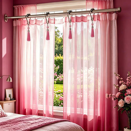 Boho Shower Curtain Hooks Set of 12 for Bathroom, Rustproof Stainless Steel Shower Curtain Rings with Pink Tassel Decorative, Curtain Hanger Clips for Home Bathroom, Bedroom, Baby Room Decor (Pink)