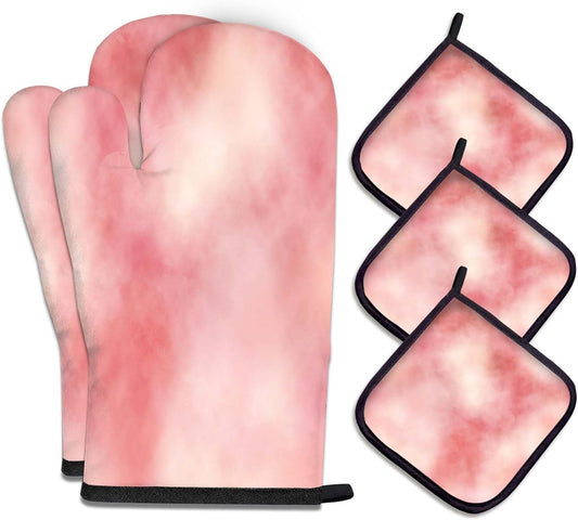 5 Pcs Tie-dye Pink Oven Mitts and Pot Holders Sets, Abstract Oven Gloves and Hot Pads for Kitchen Cooking, Modern Art Oven Mitt Potholder is Both Functional and Decorative