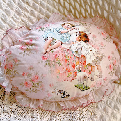 Washable Floral Lace Ruffle Design Throw Pillow(Insert Included),Handmade Victorian Sofa Pillows for Living Room,Two Cute Children Decoration Pink Pillow Oval Pillow 17.7" x 11.8" (Pink)