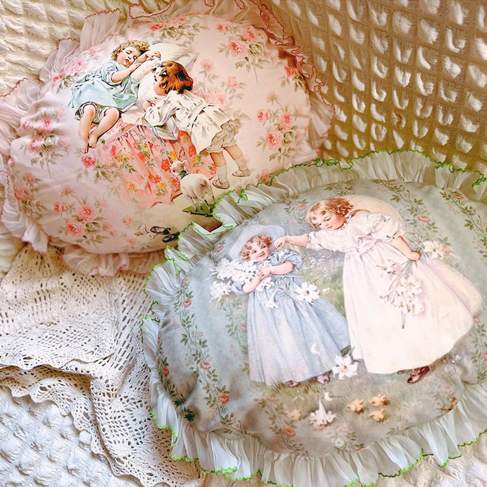 Washable Floral Lace Ruffle Design Throw Pillow(Insert Included),Handmade Victorian Sofa Pillows for Living Room,Two Cute Children Decoration Pink Pillow Oval Pillow 17.7" x 11.8" (Pink)