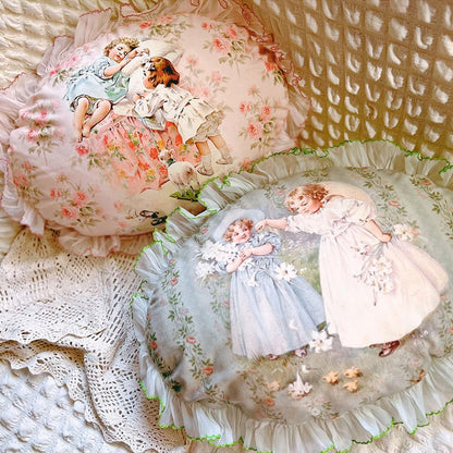 Washable Floral Lace Ruffle Design Throw Pillow(Insert Included),Handmade Victorian Sofa Pillows for Living Room,Two Cute Children Decoration Pink Pillow Oval Pillow 17.7" x 11.8" (Pink)
