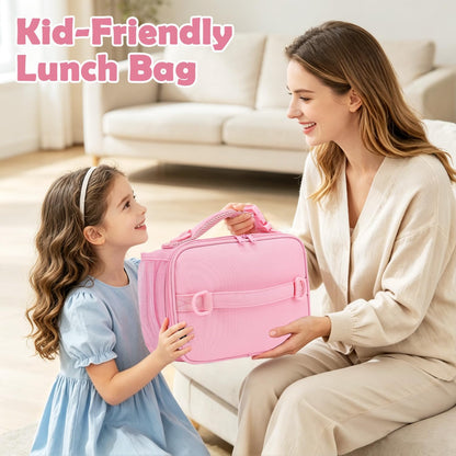 Kids Lunch Bag, Durable Insulated School Lunch Box with Shoulder Strap and Bottle Holder, Water-resistant Thermal Small Lunch Cooler Tote for Teen Boys & Girls,Pink