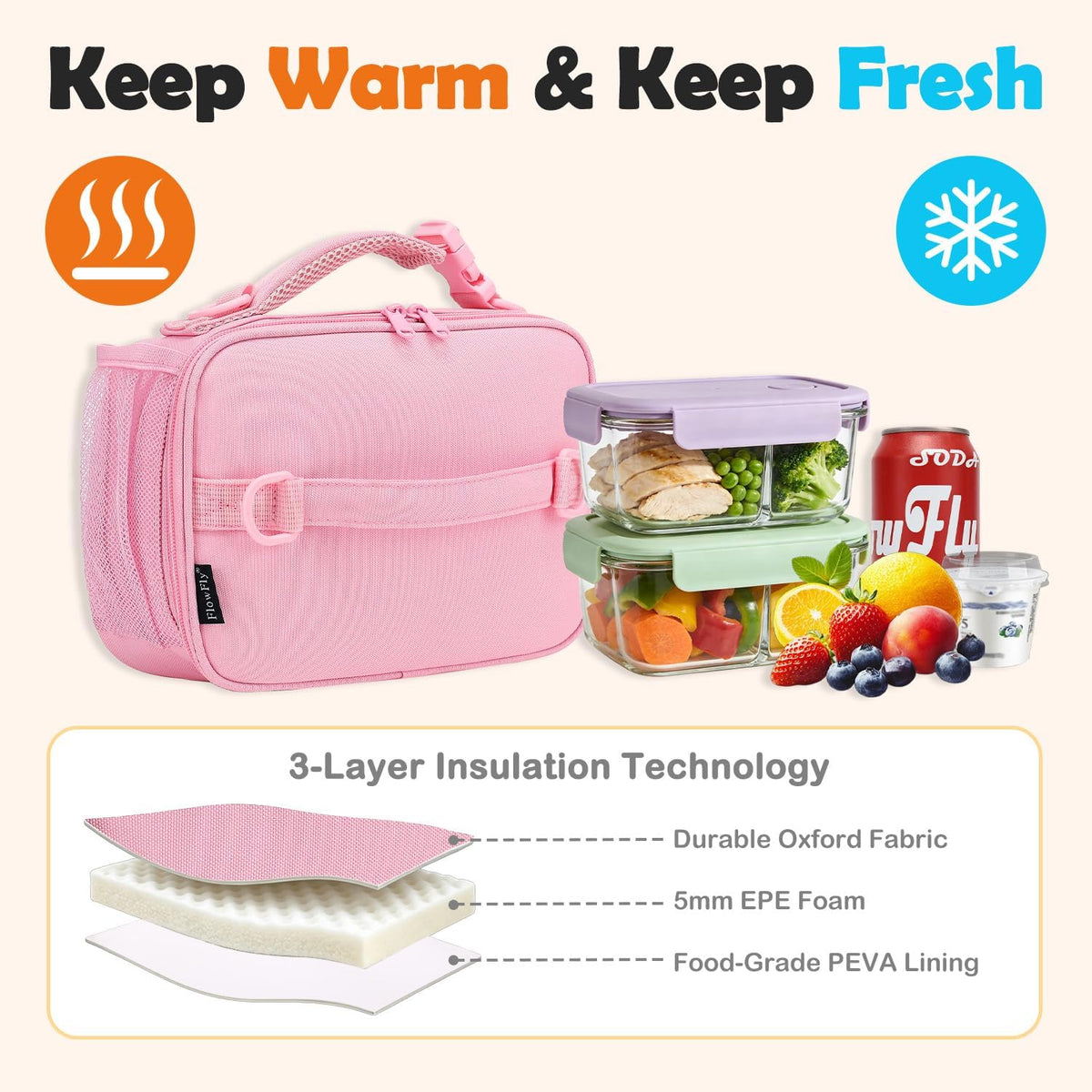Kids Lunch Bag, Durable Insulated School Lunch Box with Shoulder Strap and Bottle Holder, Water-resistant Thermal Small Lunch Cooler Tote for Teen Boys & Girls,Pink