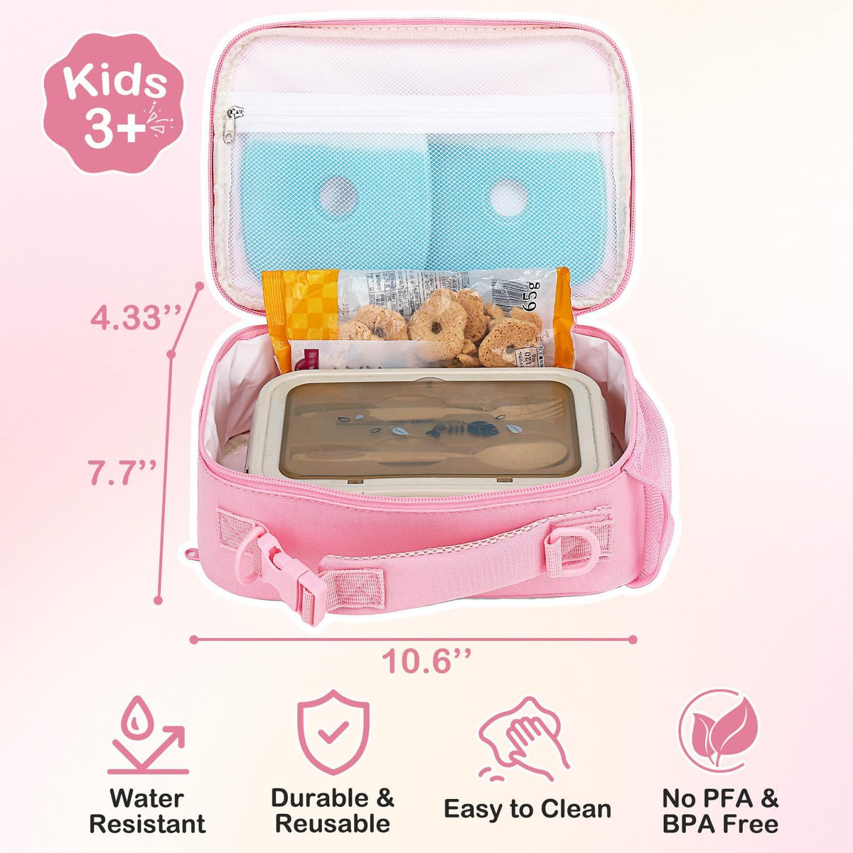 Kids Lunch Bag, Durable Insulated School Lunch Box with Shoulder Strap and Bottle Holder, Water-resistant Thermal Small Lunch Cooler Tote for Teen Boys & Girls,Pink