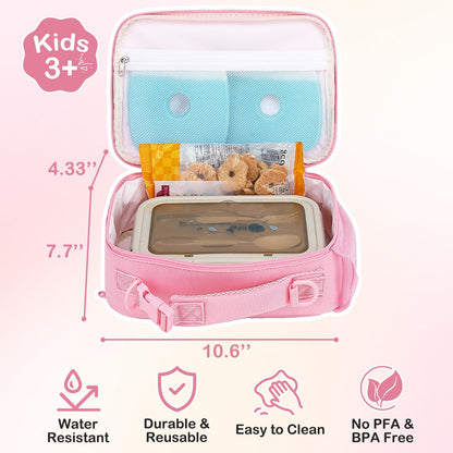 Kids Lunch Bag, Durable Insulated School Lunch Box with Shoulder Strap and Bottle Holder, Water-resistant Thermal Small Lunch Cooler Tote for Teen Boys & Girls,Pink