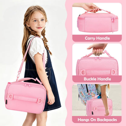 Kids Lunch Bag, Durable Insulated School Lunch Box with Shoulder Strap and Bottle Holder, Water-resistant Thermal Small Lunch Cooler Tote for Teen Boys & Girls,Pink