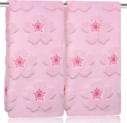 2pcs Cherry Blossom hand towels for bathroom Decorative Towels Set 100% Cotton Pink Jacquard Spring summer floral bath towels dish kitchen towels kitchen Bathroom Decor Gift(cherry blossom Pink)