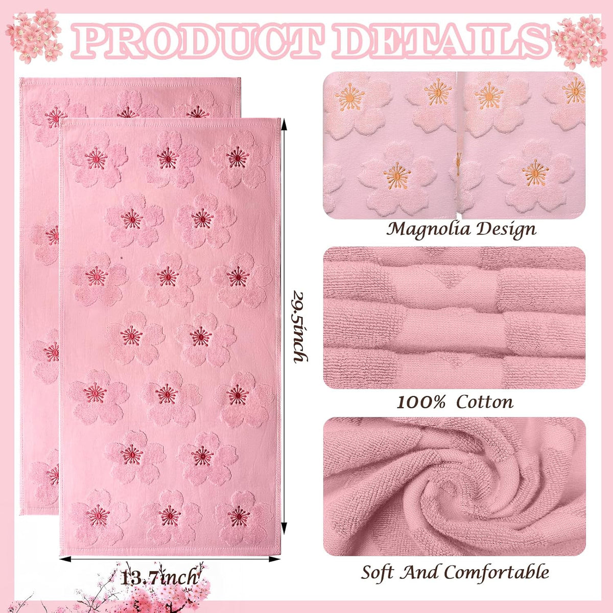 2pcs Cherry Blossom hand towels for bathroom Decorative Towels Set 100% Cotton Pink Jacquard Spring summer floral bath towels dish kitchen towels kitchen Bathroom Decor Gift(cherry blossom Pink)