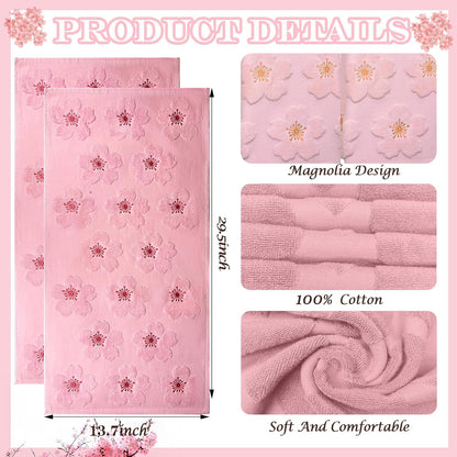 2pcs Cherry Blossom hand towels for bathroom Decorative Towels Set 100% Cotton Pink Jacquard Spring summer floral bath towels dish kitchen towels kitchen Bathroom Decor Gift(cherry blossom Pink)
