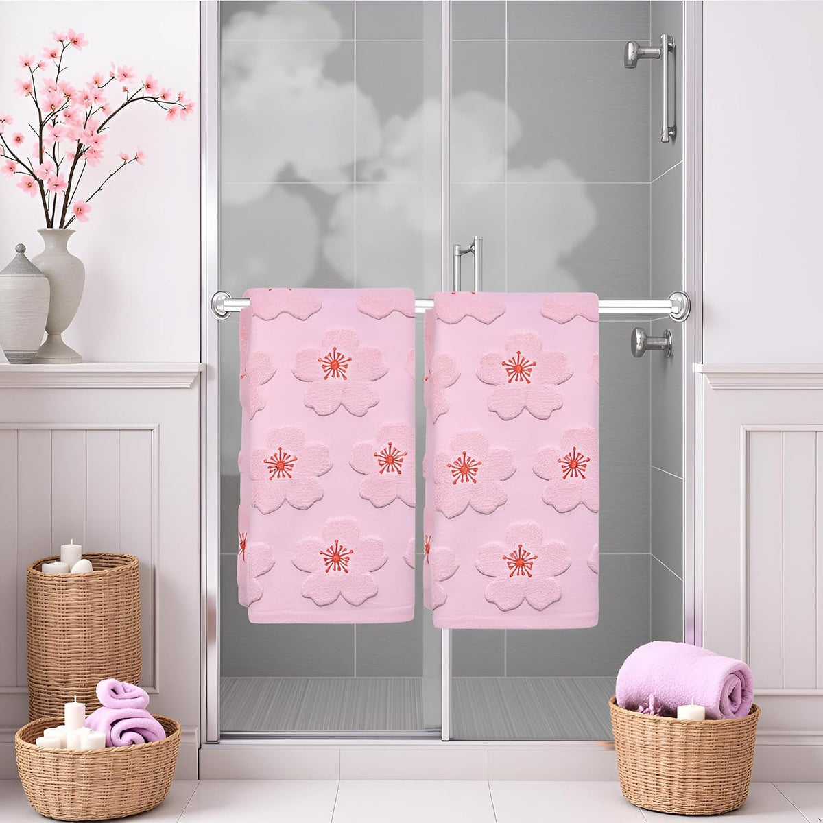 2pcs Cherry Blossom hand towels for bathroom Decorative Towels Set 100% Cotton Pink Jacquard Spring summer floral bath towels dish kitchen towels kitchen Bathroom Decor Gift(cherry blossom Pink)