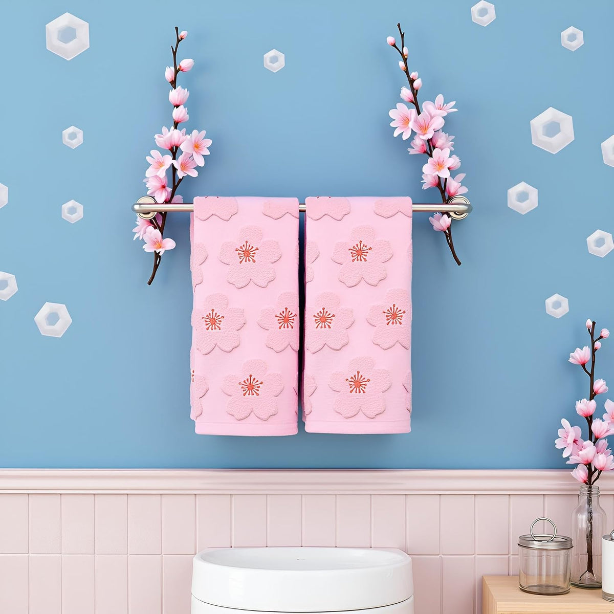 2pcs Cherry Blossom hand towels for bathroom Decorative Towels Set 100% Cotton Pink Jacquard Spring summer floral bath towels dish kitchen towels kitchen Bathroom Decor Gift(cherry blossom Pink)