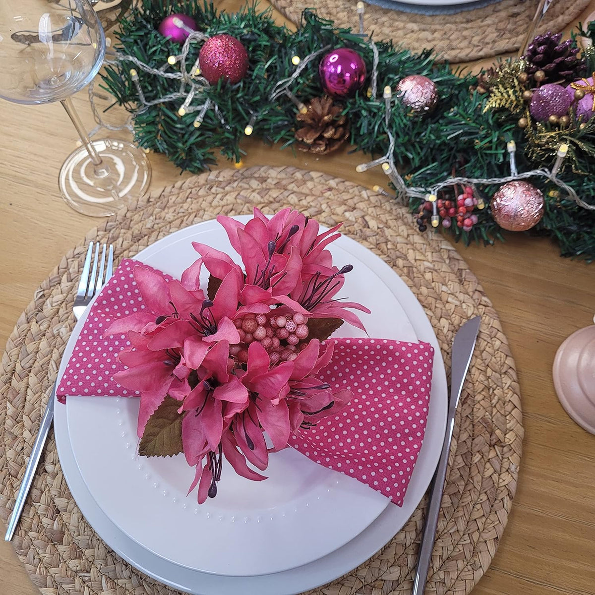 Set of 4 100% Cotton Cloth Napkins 15"x15" - Reusable Napkins, Dining Table Decor - Soft Durable Dinner Napkins for Everyday Gatherings, Thanksgiving, Christmas - Pink Small Polka Dot