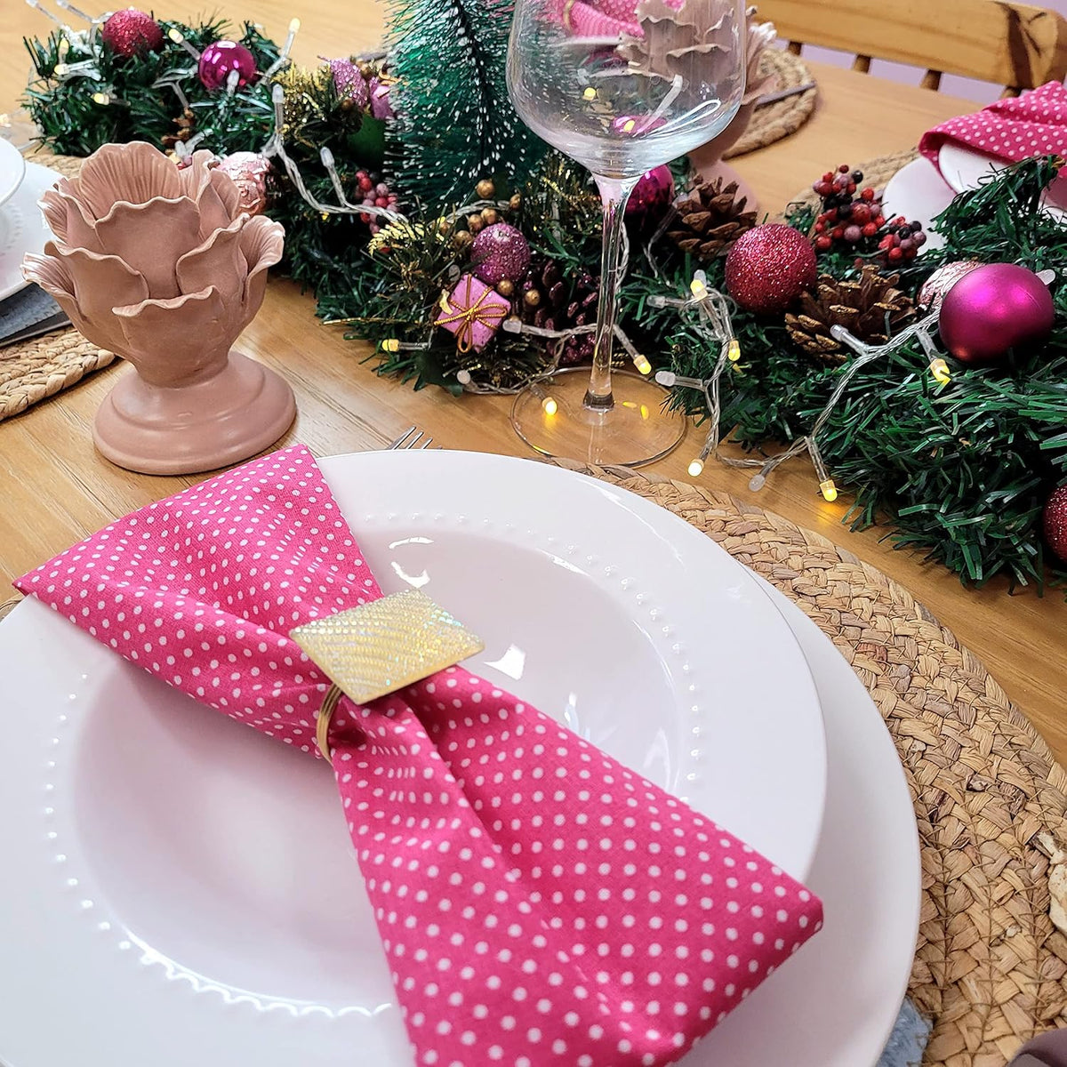 Set of 4 100% Cotton Cloth Napkins 15"x15" - Reusable Napkins, Dining Table Decor - Soft Durable Dinner Napkins for Everyday Gatherings, Thanksgiving, Christmas - Pink Small Polka Dot