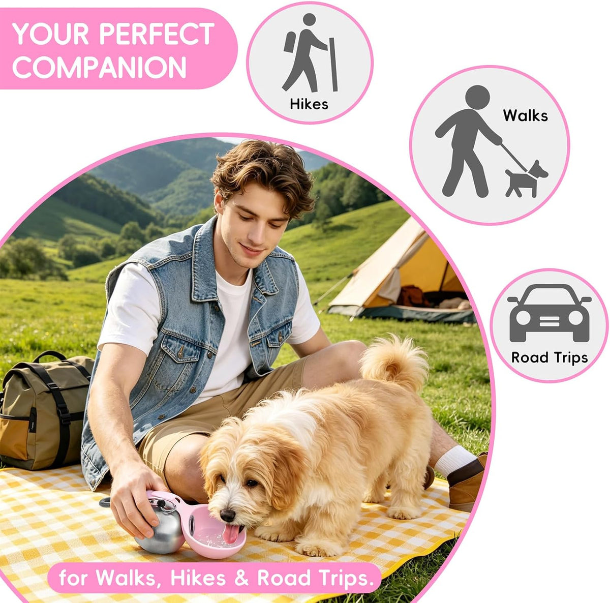 2in1 Portable Dog Water Bottle Portable,10oz Stainless Steel Leak Proof Pet Water Bottle Portable Dog Water Bottle Silicone Bowl,Outdoor Travel Water Bottle for Dogs Walking Hiking Camping, Pink