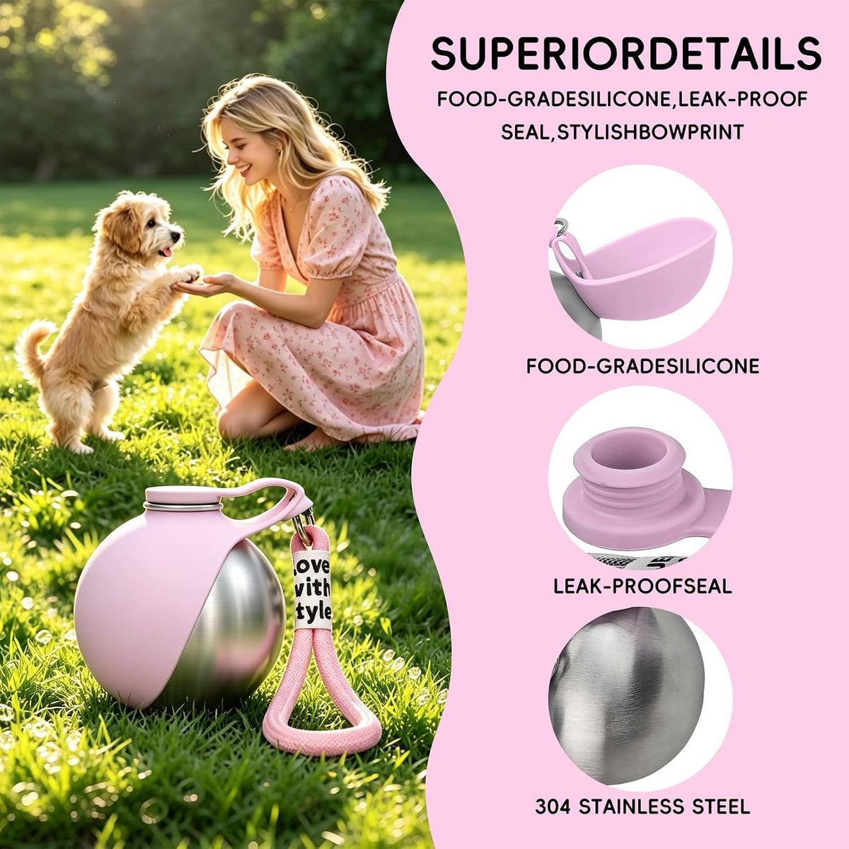 2in1 Portable Dog Water Bottle Portable,10oz Stainless Steel Leak Proof Pet Water Bottle Portable Dog Water Bottle Silicone Bowl,Outdoor Travel Water Bottle for Dogs Walking Hiking Camping, Pink