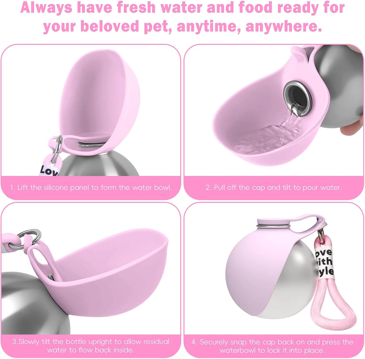 2in1 Portable Dog Water Bottle Portable,10oz Stainless Steel Leak Proof Pet Water Bottle Portable Dog Water Bottle Silicone Bowl,Outdoor Travel Water Bottle for Dogs Walking Hiking Camping, Pink