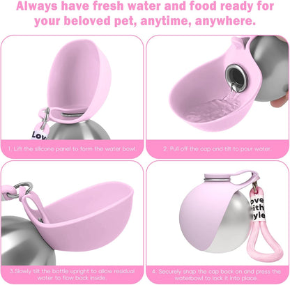 2in1 Portable Dog Water Bottle Portable,10oz Stainless Steel Leak Proof Pet Water Bottle Portable Dog Water Bottle Silicone Bowl,Outdoor Travel Water Bottle for Dogs Walking Hiking Camping, Pink