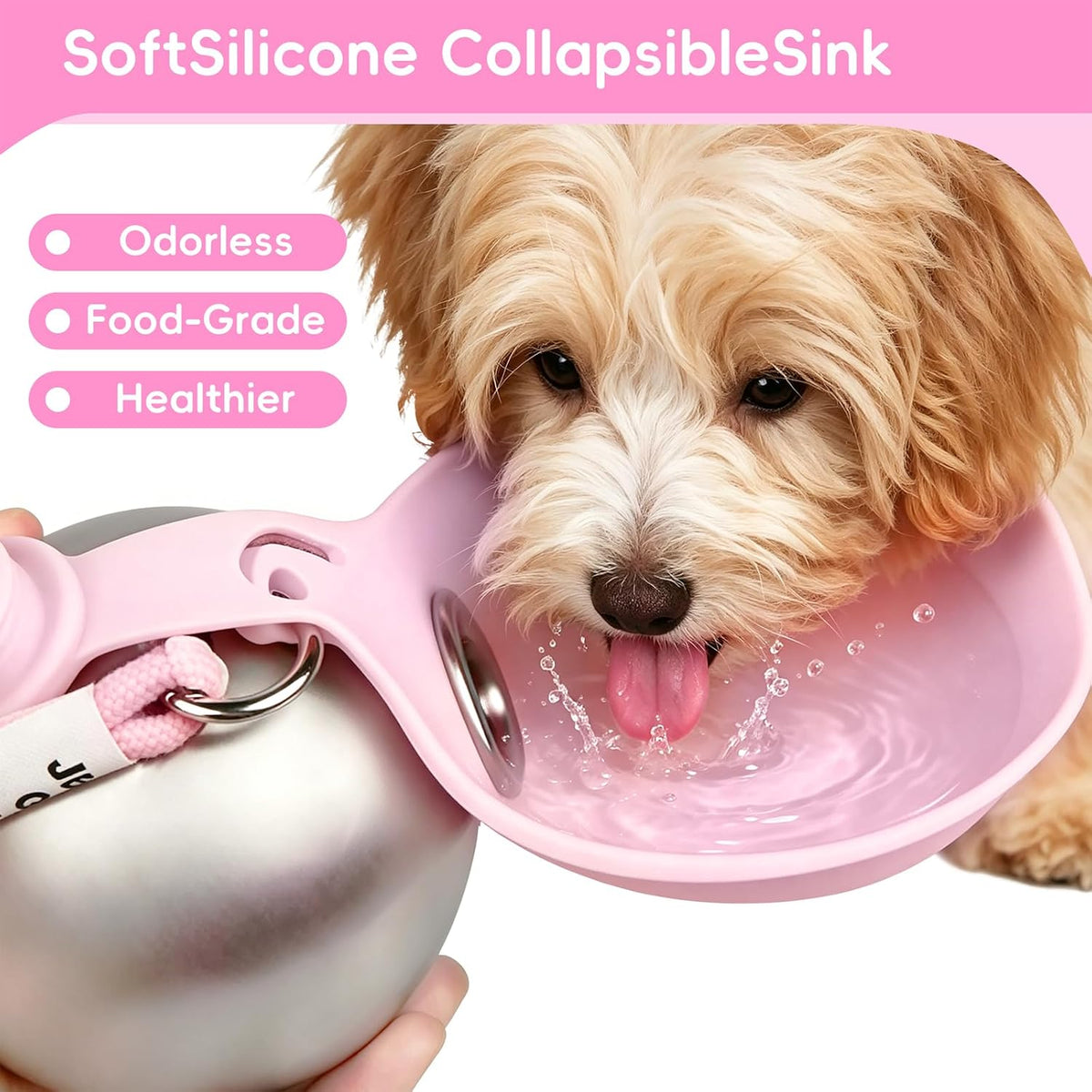 2in1 Portable Dog Water Bottle Portable,10oz Stainless Steel Leak Proof Pet Water Bottle Portable Dog Water Bottle Silicone Bowl,Outdoor Travel Water Bottle for Dogs Walking Hiking Camping, Pink