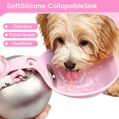 2in1 Portable Dog Water Bottle Portable,10oz Stainless Steel Leak Proof Pet Water Bottle Portable Dog Water Bottle Silicone Bowl,Outdoor Travel Water Bottle for Dogs Walking Hiking Camping, Pink