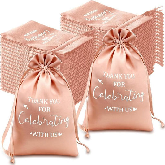 10Pcs Peach Wedding Satin Drawstring Gift Bags Set with “Thank You for Celebrating with Us” Print 5 * 7 Inches Elegant Satin Fabric Packaging Bag for Party