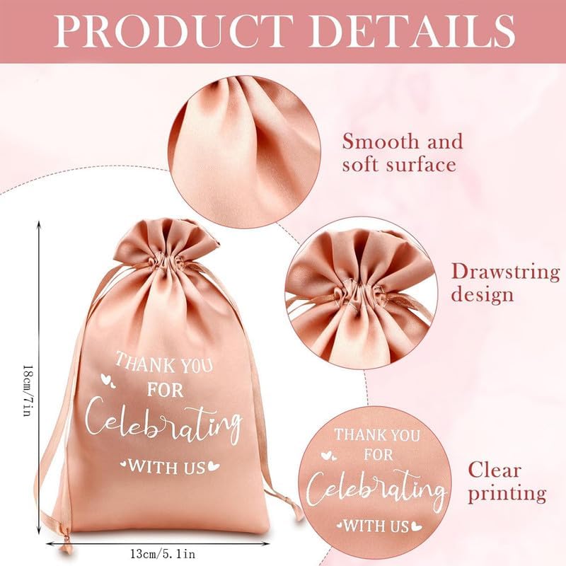 10Pcs Peach Wedding Satin Drawstring Gift Bags Set with “Thank You for Celebrating with Us” Print 5 * 7 Inches Elegant Satin Fabric Packaging Bag for Party