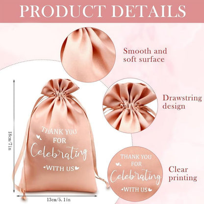 10Pcs Peach Wedding Satin Drawstring Gift Bags Set with “Thank You for Celebrating with Us” Print 5 * 7 Inches Elegant Satin Fabric Packaging Bag for Party