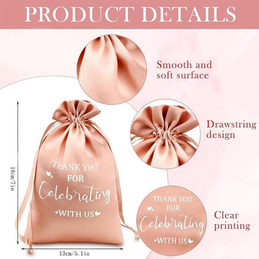 10Pcs Peach Wedding Satin Drawstring Gift Bags Set with “Thank You for Celebrating with Us” Print 5 * 7 Inches Elegant Satin Fabric Packaging Bag for Party