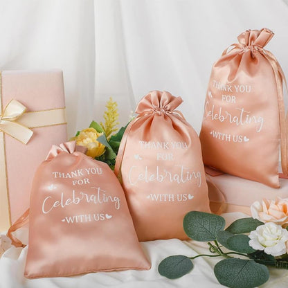 10Pcs Peach Wedding Satin Drawstring Gift Bags Set with “Thank You for Celebrating with Us” Print 5 * 7 Inches Elegant Satin Fabric Packaging Bag for Party