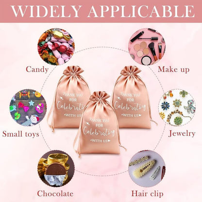 10Pcs Peach Wedding Satin Drawstring Gift Bags Set with “Thank You for Celebrating with Us” Print 5 * 7 Inches Elegant Satin Fabric Packaging Bag for Party