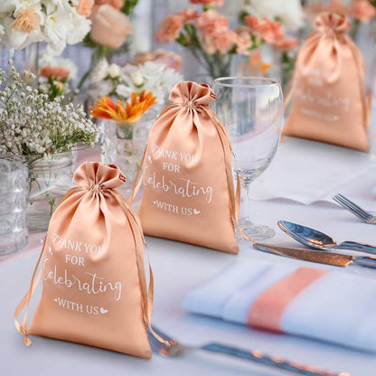 10Pcs Peach Wedding Satin Drawstring Gift Bags Set with “Thank You for Celebrating with Us” Print 5 * 7 Inches Elegant Satin Fabric Packaging Bag for Party