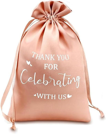 10Pcs Peach Wedding Satin Drawstring Gift Bags Set with “Thank You for Celebrating with Us” Print 5 * 7 Inches Elegant Satin Fabric Packaging Bag for Party