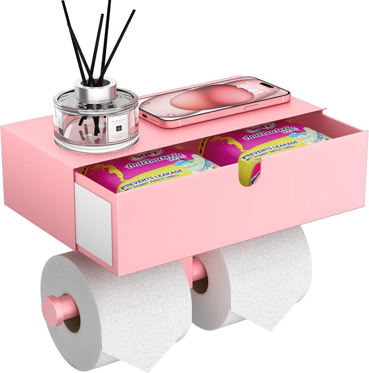 Toilet Paper Holder with Storage Double Roll Toilet Paper Holder with Shelf, Tampon Holder for Bathroom Stainless Steel Wall Mounted Wipes Holder Dispenser, Pink