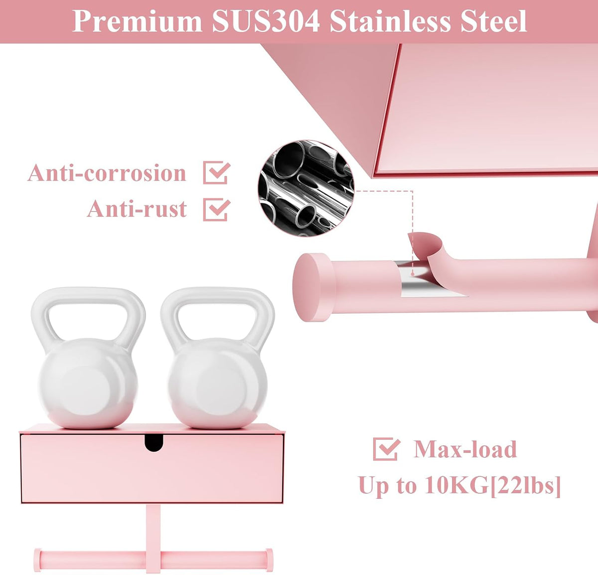 Toilet Paper Holder with Storage Double Roll Toilet Paper Holder with Shelf, Tampon Holder for Bathroom Stainless Steel Wall Mounted Wipes Holder Dispenser, Pink