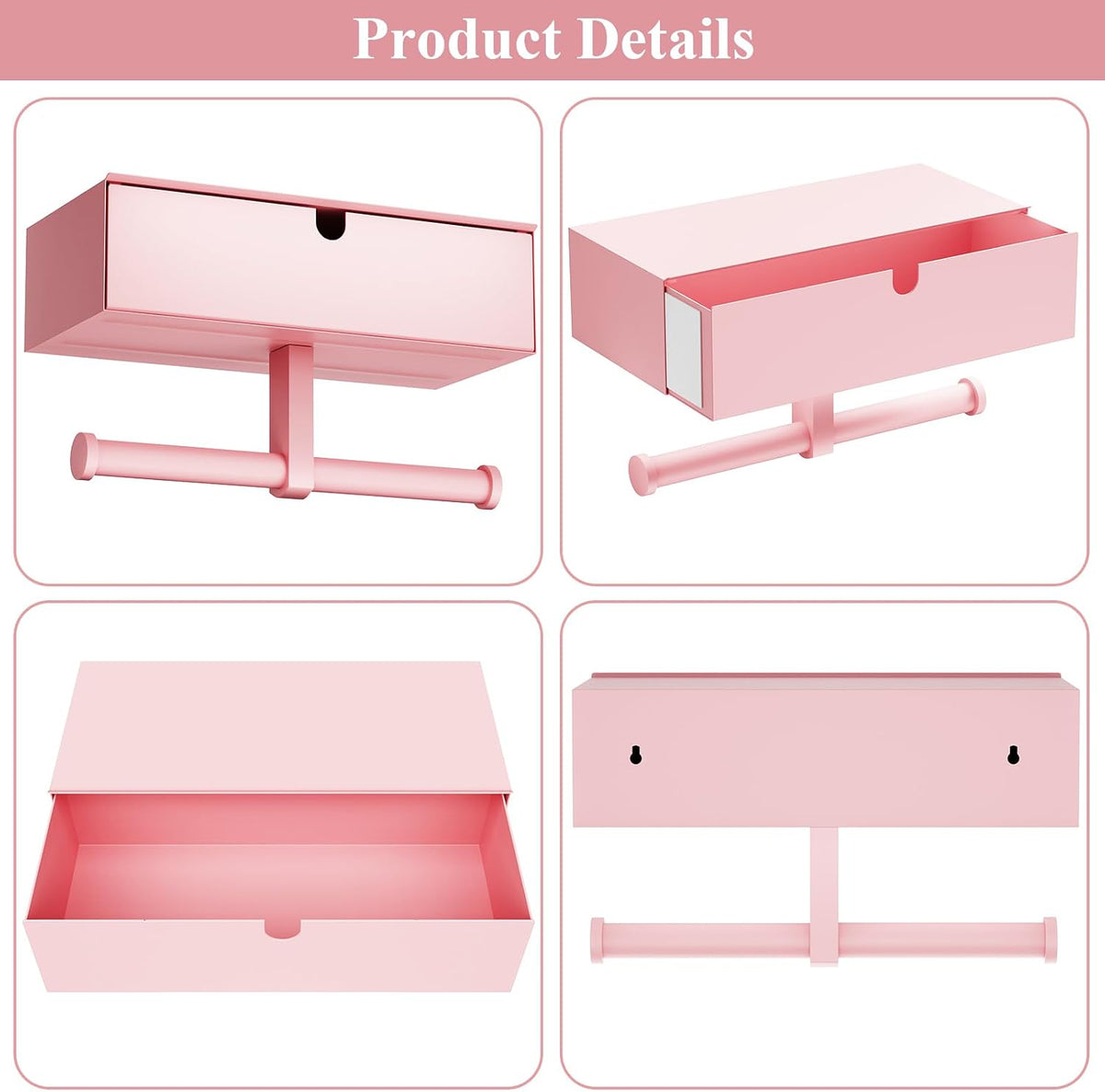 Toilet Paper Holder with Storage Double Roll Toilet Paper Holder with Shelf, Tampon Holder for Bathroom Stainless Steel Wall Mounted Wipes Holder Dispenser, Pink