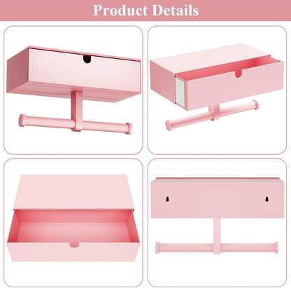 Toilet Paper Holder with Storage Double Roll Toilet Paper Holder with Shelf, Tampon Holder for Bathroom Stainless Steel Wall Mounted Wipes Holder Dispenser, Pink