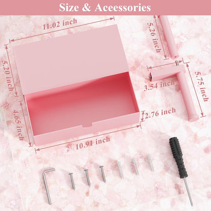 Toilet Paper Holder with Storage Double Roll Toilet Paper Holder with Shelf, Tampon Holder for Bathroom Stainless Steel Wall Mounted Wipes Holder Dispenser, Pink