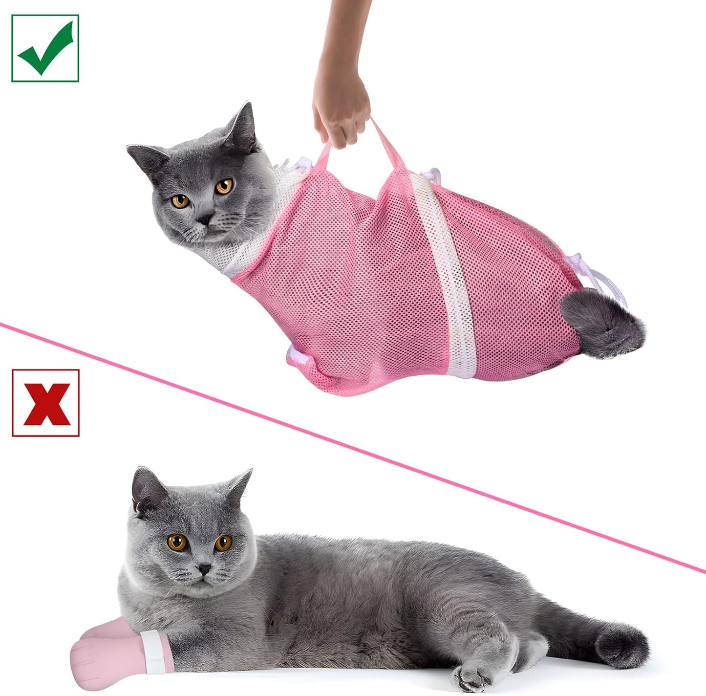10PCS Cat Bathing Bag Adjustable Shower Washing Net Grooming Set | Polyester Mesh, Kitten Adult Pet Grooming, Shower Bathing Nail Trimming Examination, Brush Clipper File Comb Tick Tool Caps