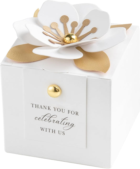 FEIYI 20 PCS Dusty Blue Candy Boxes, 3 In 1 Candy Box with Floral Decor, White Thank You Tags Gift wrapping for Wedding Birthday Baby Shower Decorations Party -2.55x2.55x2.55 inches (White)