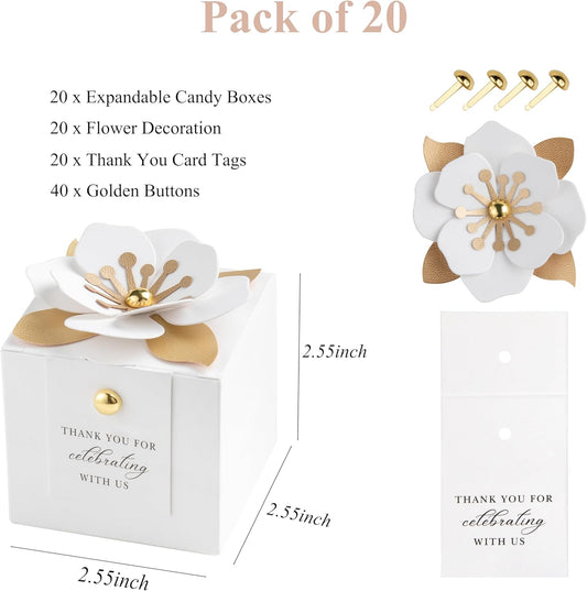 FEIYI 20 PCS Dusty Blue Candy Boxes, 3 In 1 Candy Box with Floral Decor, White Thank You Tags Gift wrapping for Wedding Birthday Baby Shower Decorations Party -2.55x2.55x2.55 inches (White)