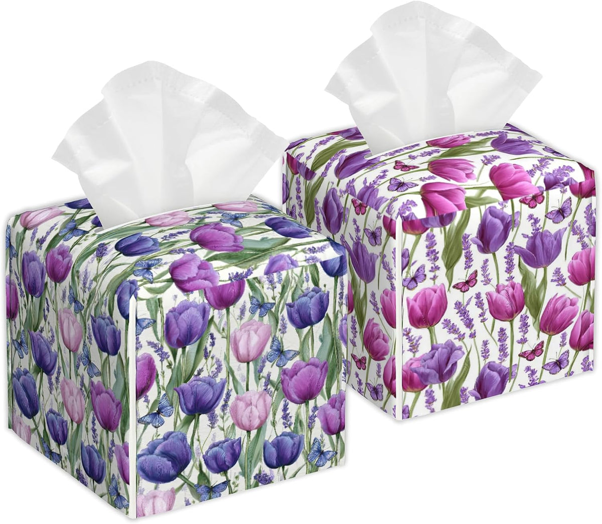Pink Purple Tulip Lavender Flower Square Tissue Box Holder Waterproof Leather Facial Paper Organizer Dispenser for Bathroom Home Kitchen Car Nightstand Vanity Desk，2Pack