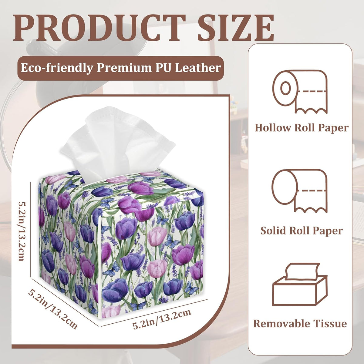 Pink Purple Tulip Lavender Flower Square Tissue Box Holder Waterproof Leather Facial Paper Organizer Dispenser for Bathroom Home Kitchen Car Nightstand Vanity Desk，2Pack