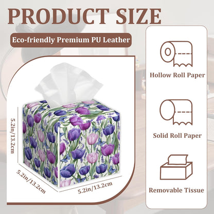 Pink Purple Tulip Lavender Flower Square Tissue Box Holder Waterproof Leather Facial Paper Organizer Dispenser for Bathroom Home Kitchen Car Nightstand Vanity Desk，2Pack